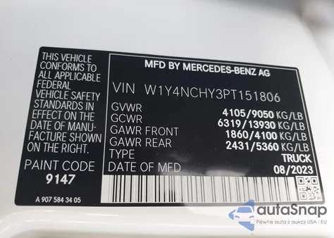 2023 Mercedes-Benz Sprinter 2500 High Roof 4-Cyl Diesel Ho из США, поврежденный, VIN W1Y4NCHY3PT151806